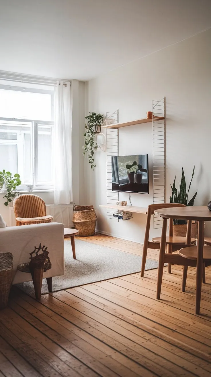 This minimalist haven blends Scandinavian and Japandi design seamlessly. The white walls and oak floors provide a neutral backdrop for the carefully curated furniture and greenery. The round wooden table acts as a central focal point, inviting conversation and relaxation in this tranquil and stylish space. A perfect example of how less can truly be more.