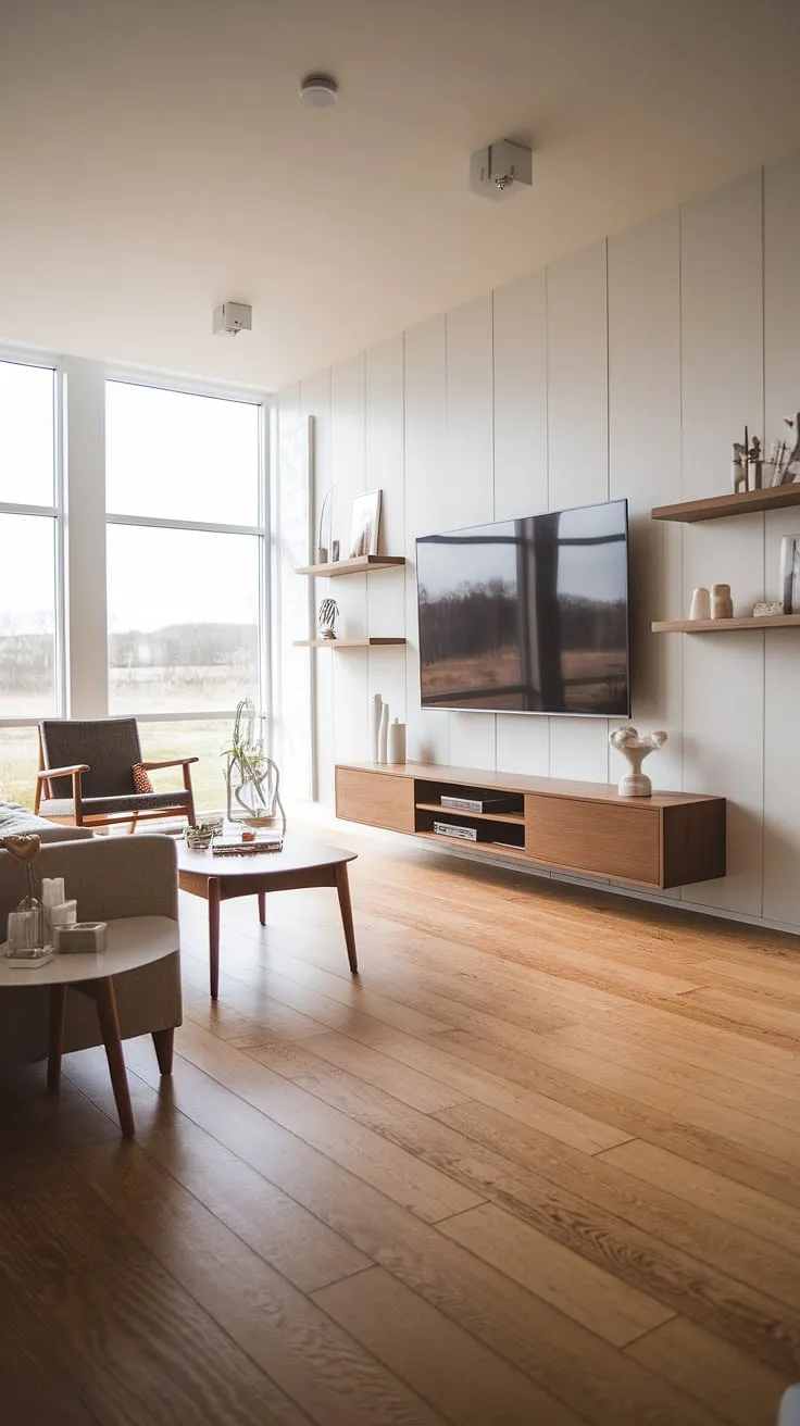 Sunlight streams through expansive windows, illuminating the minimalist Scandinavian design of this living room. The oak floors gleam underfoot, complementing the sleek media wall and its understated wooden entertainment center. A sense of calm and understated elegance pervades the space.