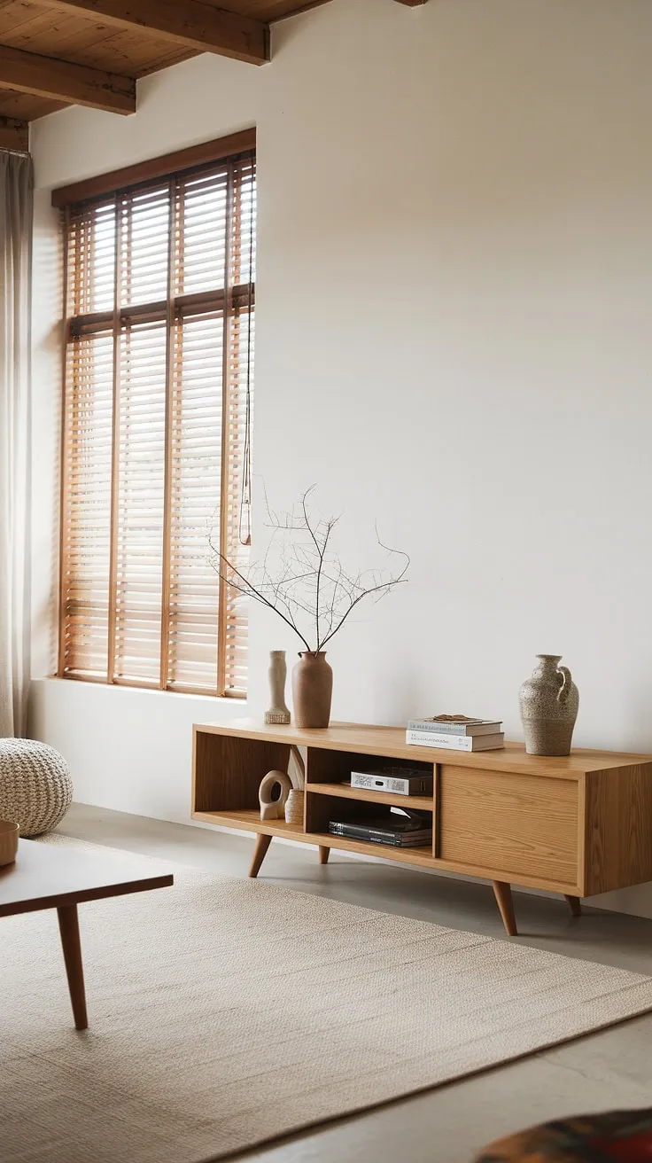 This Scandinavian-inspired living room embodies simplicity and sophistication. The natural light enhances the warm tones of the oak TV stand and wooden ceiling, while the minimalist design and neutral color palette create a serene atmosphere. A perfect blend of form and function, this space is a testament to understated luxury.
