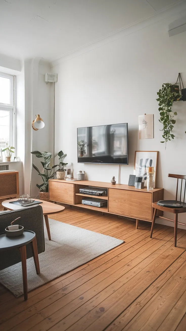 Light floods this Scandinavian-inspired living room, highlighting the warm oak floors and minimalist design. The built-in wooden entertainment center seamlessly integrates with the space, creating a calm and functional A atmosphere.