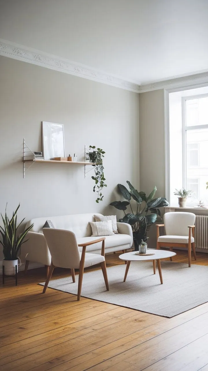 This Scandinavian living room exudes understated elegance with its light grey walls, white sofa, and natural wood accents, creating a serene and inviting retreat.