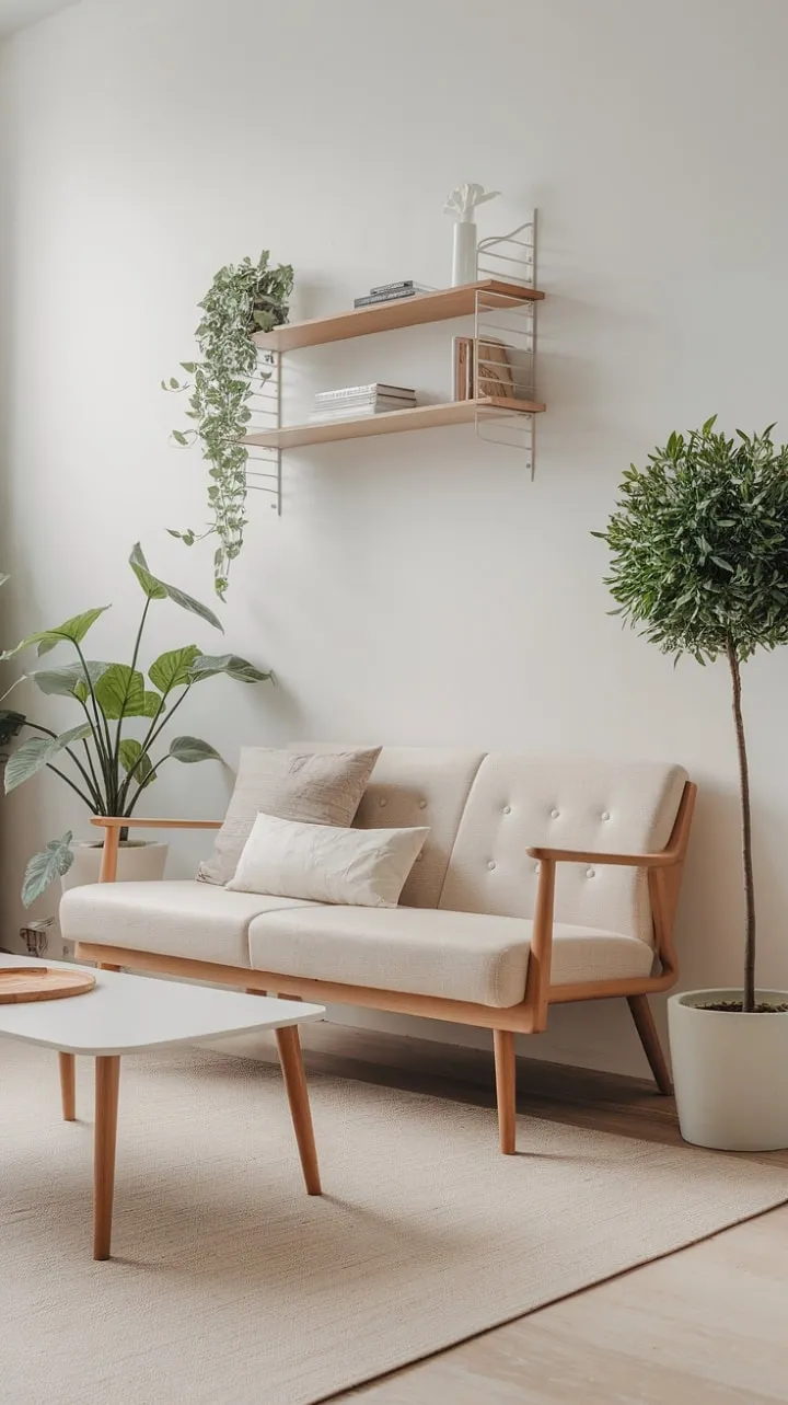 Bathed in sunlight, this serene Scandinavian living room harmoniously blends minimalist design with warm wooden accents and lush greenery, creating an effortlessly inviting oasis of calm.