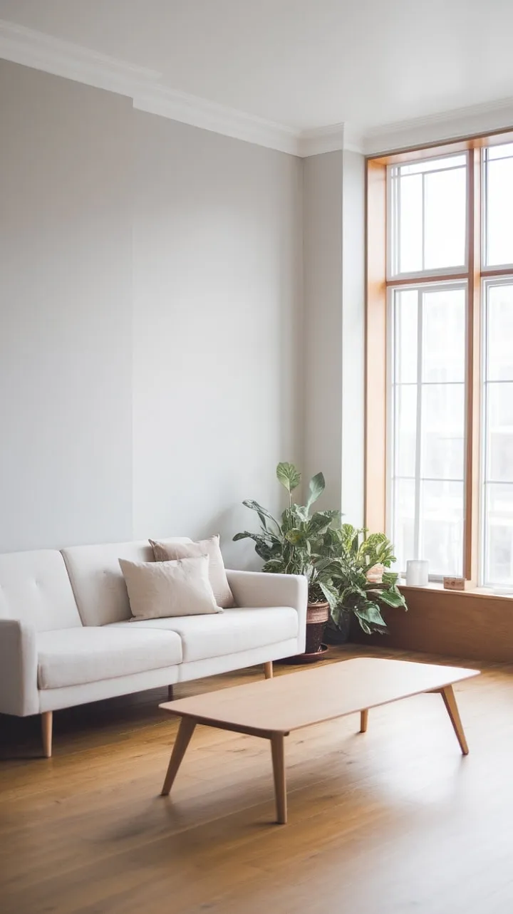 This minimalist Scandinavian living room exudes sophistication with its clean lines, natural light, and a harmonious blend of pale gray, white, and warm wood tones, all brought to life by a single potted plant.