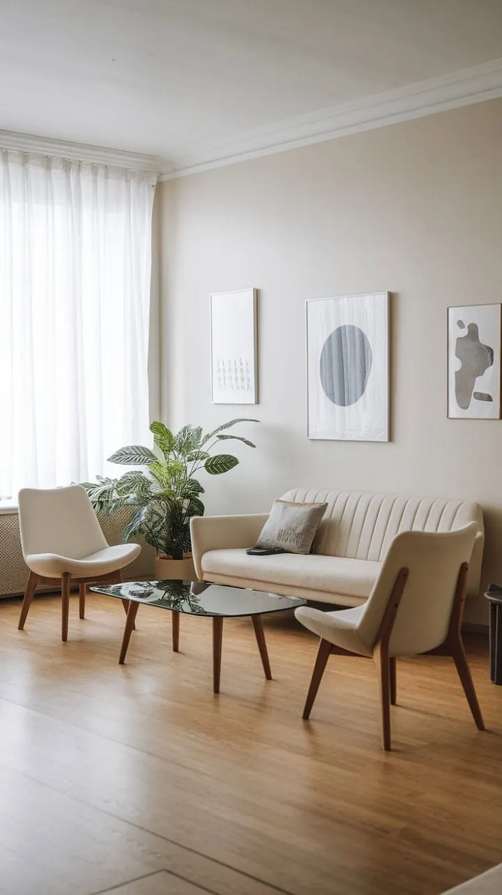 Bathed in sunlight, this serene Scandinavian living room exudes calm elegance through its minimalist design and warm wooden tones.