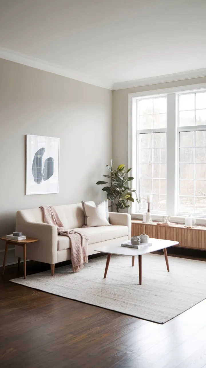 Bathed in sunlight, this Scandinavian living room exudes understated elegance with its minimalist design and serene views, creating a tranquil retreat.