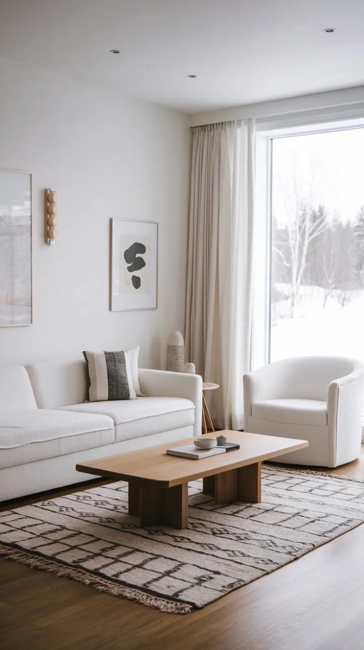 Bathed in sunlight and framed by a stunning snowy view, this serene Scandinavian living room embodies the beauty of simplicity and tranquility.