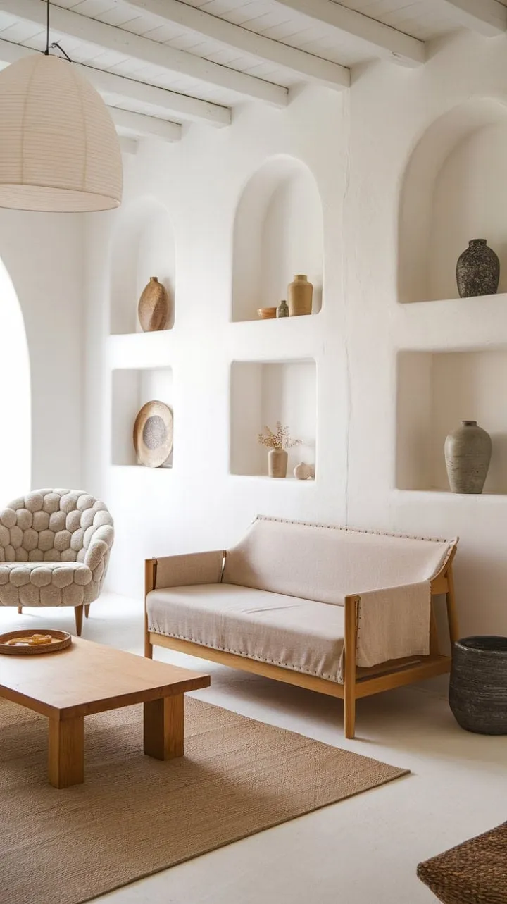 Sunlight bathes a serene Scandinavian living room, where minimalist elegance and warm textures blend to create an inviting oasis of calm.