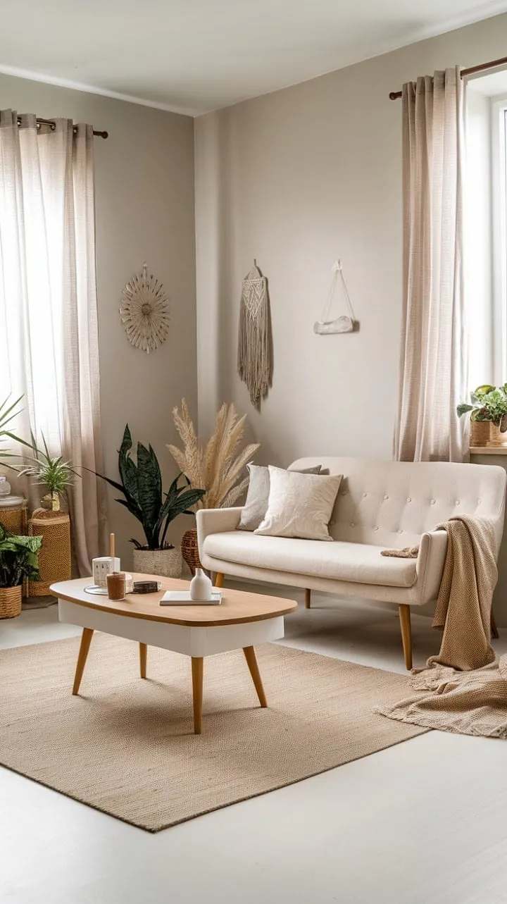 Bathed in natural light, this serene Scandinavian living room exudes understated elegance with its minimalist design, beige sofa, wooden accents, and refreshing greenery.