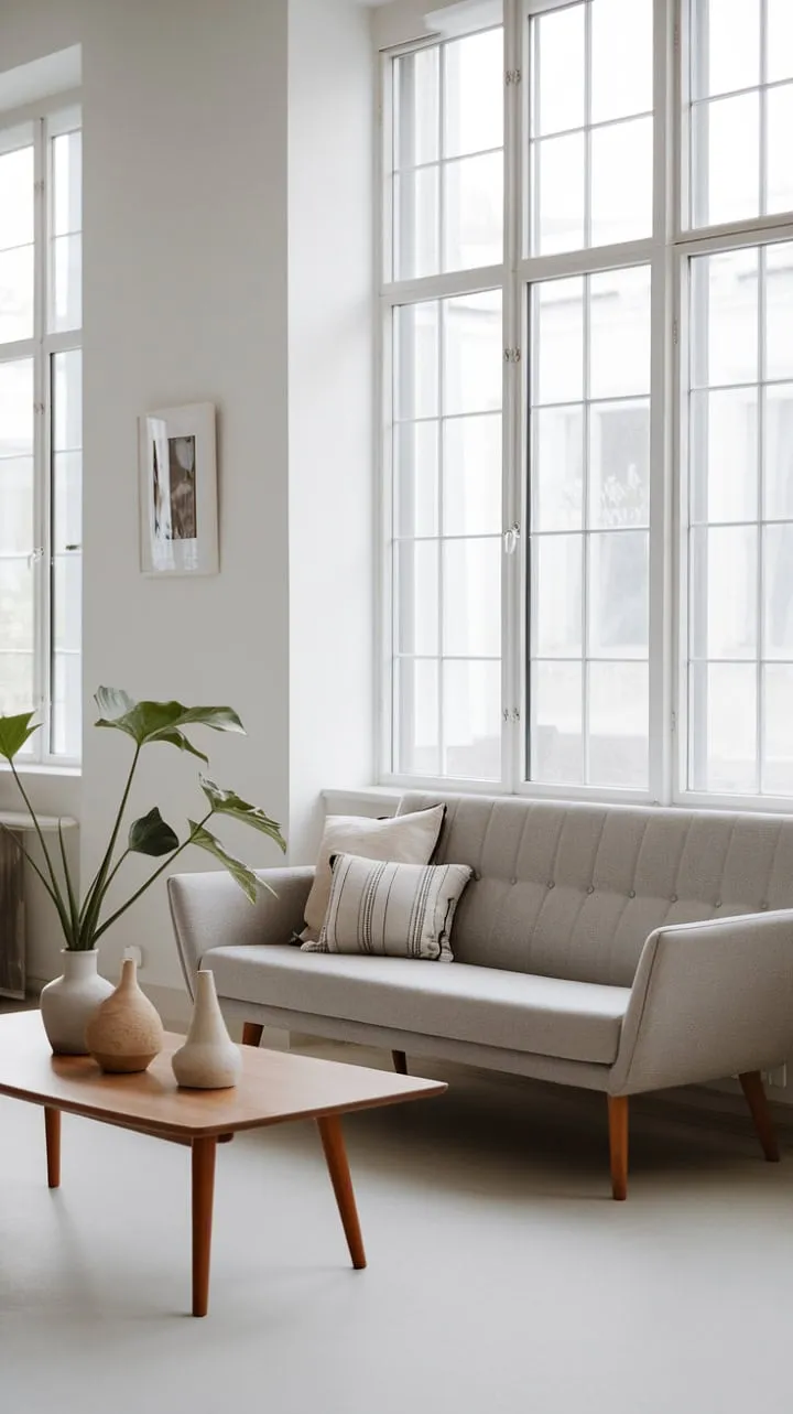 Bathed in natural light, this minimalist Scandinavian living room exudes understated elegance with its clean lines and carefully curated decor, crafting a serene and sophisticated retreat.