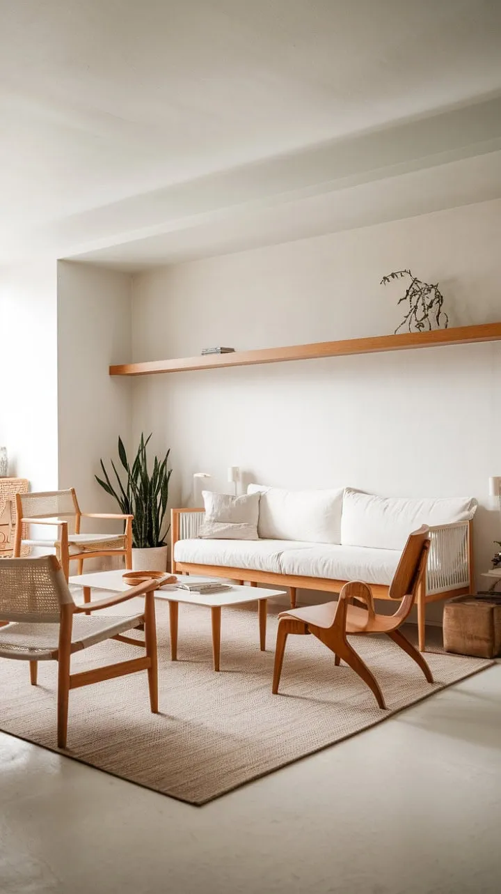 This serene Scandinavian retreat blends a soft color scheme with natural wood and curated decor, embodying the elegance of minimalist design.