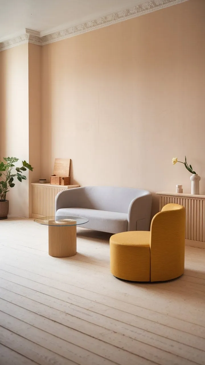 Natural light beautifully highlights the minimalist Scandinavian design, where a grey sofa, vibrant yellow chair, and glass-topped table come together to create a tranquil and inviting atmosphere.