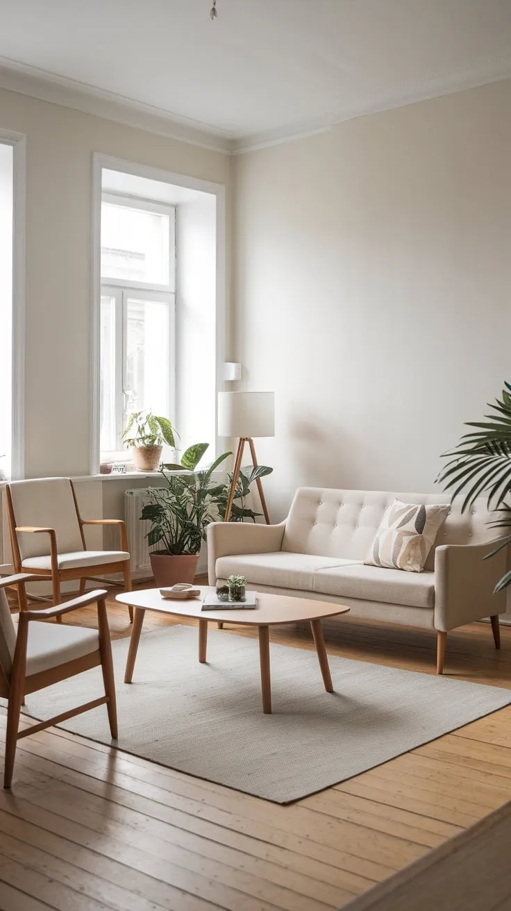 Clean lines and natural light define this minimalist Scandinavian living room, featuring a beige sofa, wooden accents, and pops of greenery.