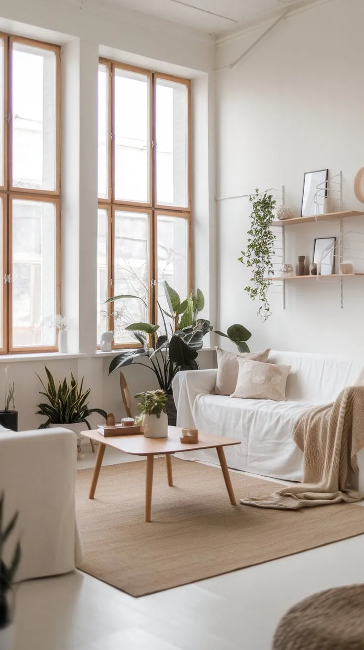 A serene Scandinavian living room features a white sofa, natural light, and simple wooden furniture, creating a peaceful atmosphere.