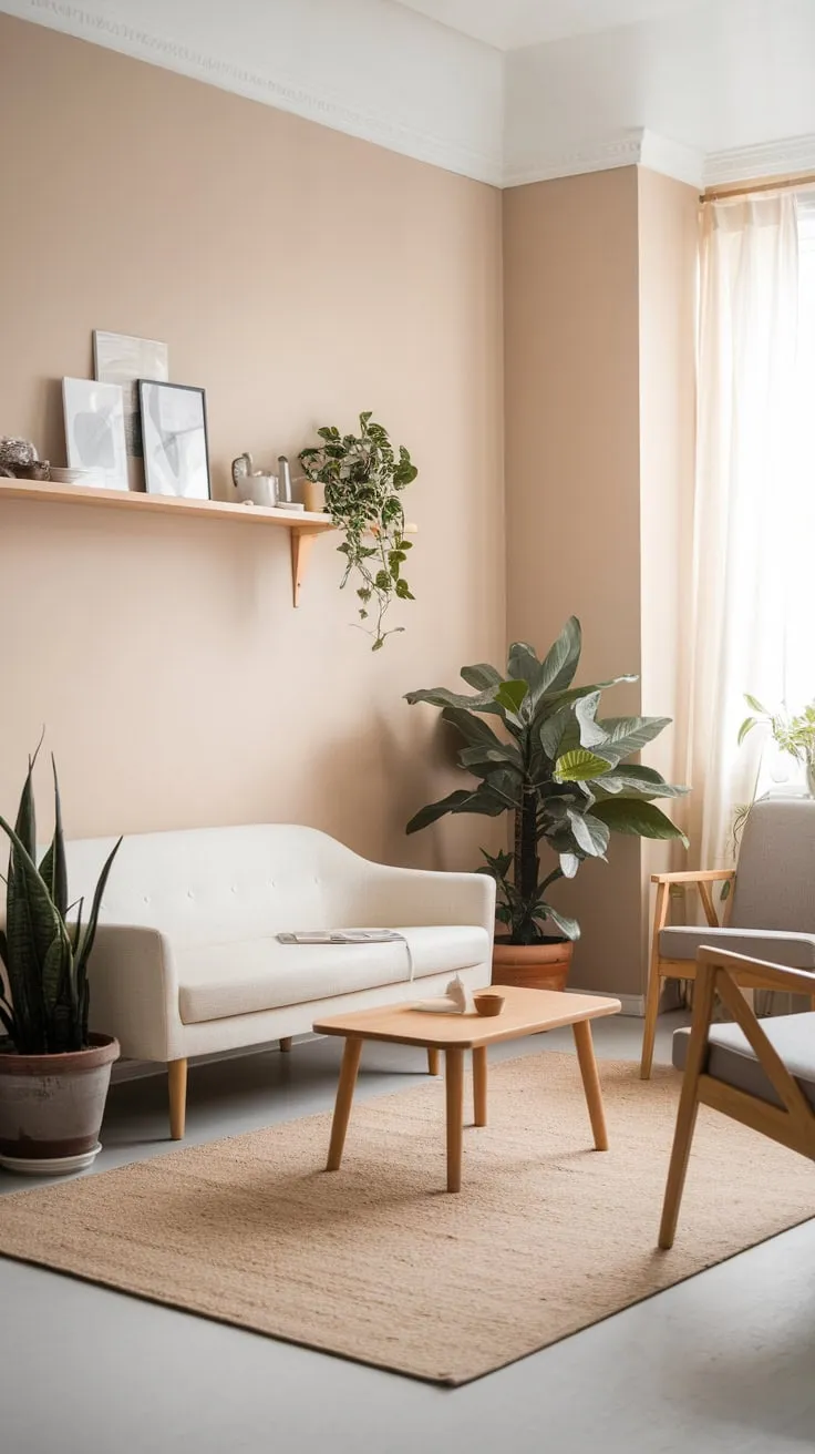 Neutral tones and natural wood create a serene and stylish Scandinavian living space.