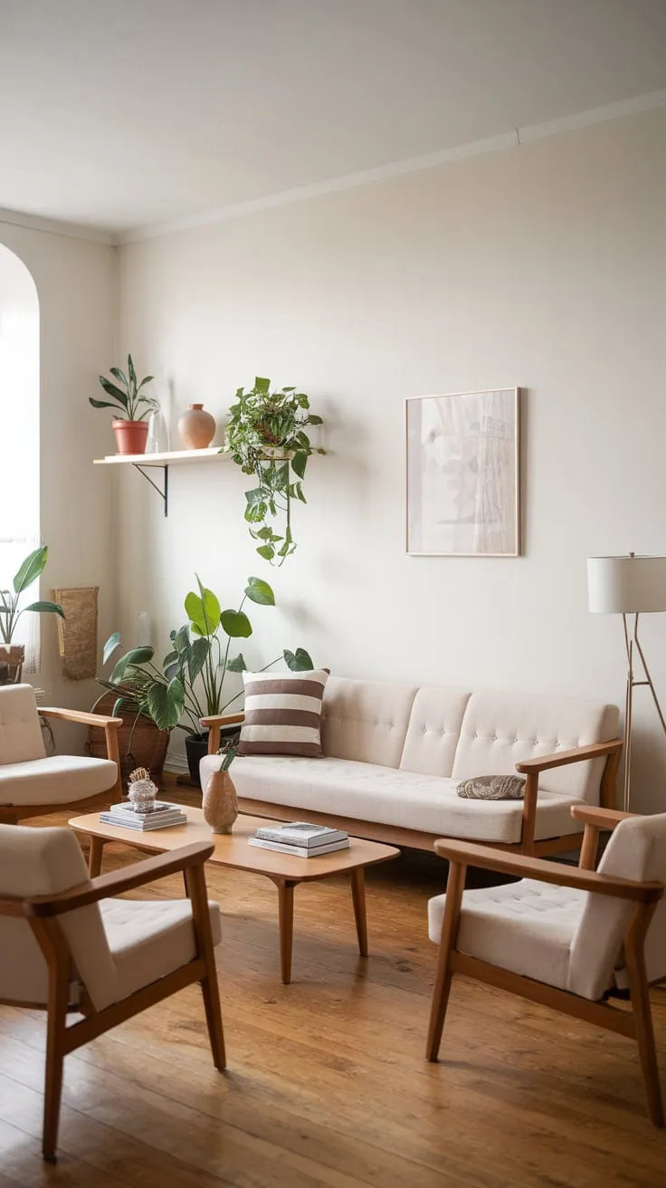 Natural light brightens a serene Scandinavian living room with a wooden coffee table, potted plants, and simple decor.