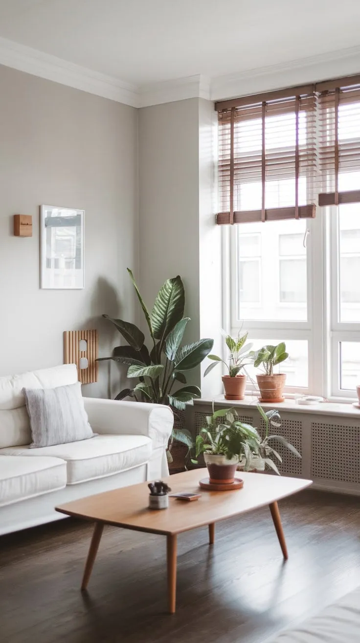 Natural light floods a minimalist Scandinavian living room featuring a white sofa, wooden accents, and pops of greenery against a light grey backdrop