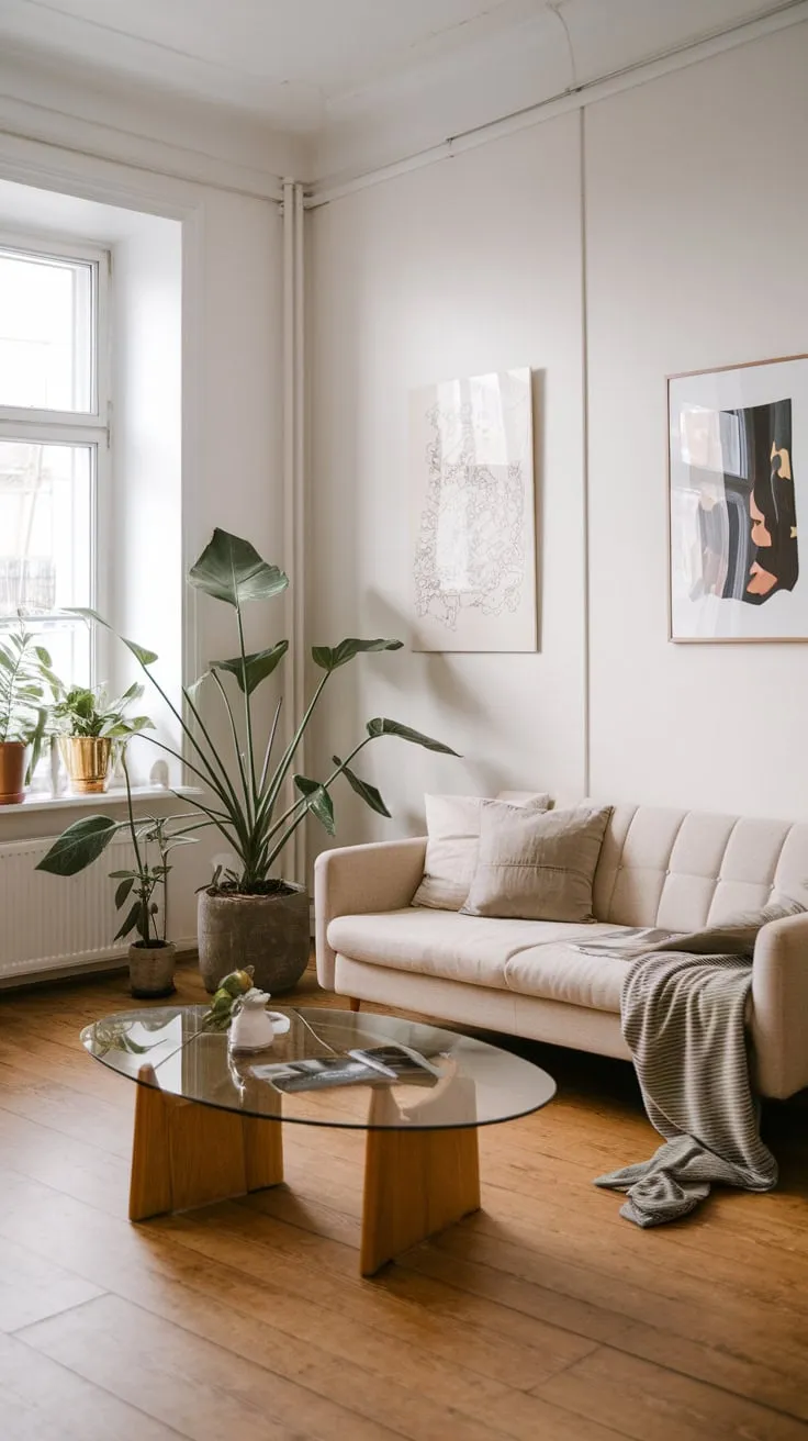 Clean lines and natural elements create a calming Scandinavian living space.