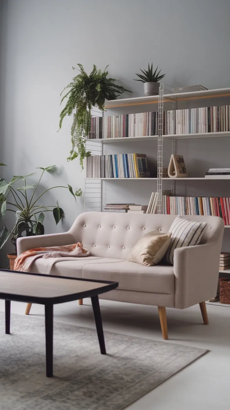 A modern Scandinavian living room showcases a calming palette of beige, gray, and wood, enhanced by the simple elegance of plants and books.