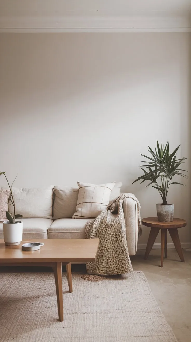 A minimalist beige sofa, wooden coffee table, and potted plant create a serene Scandinavian living room.