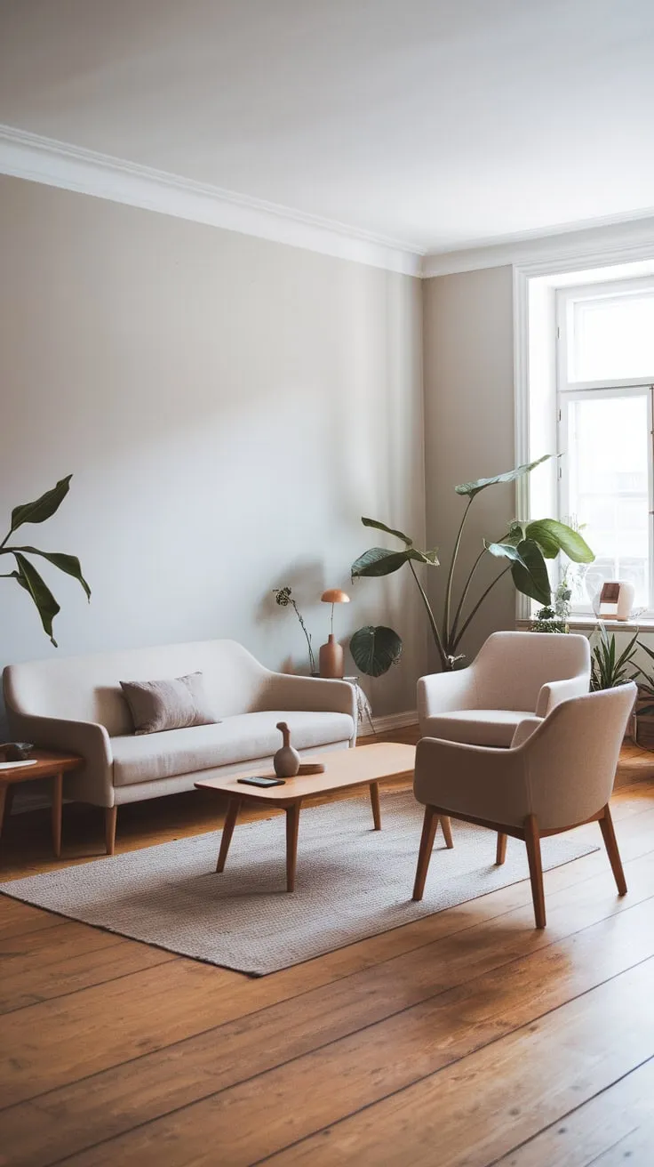 A minimalist beige sofa and chairs arranged around a wooden coffee table define a calm and stylish Scandinavian living space accented by indoor plants and soft grey walls.