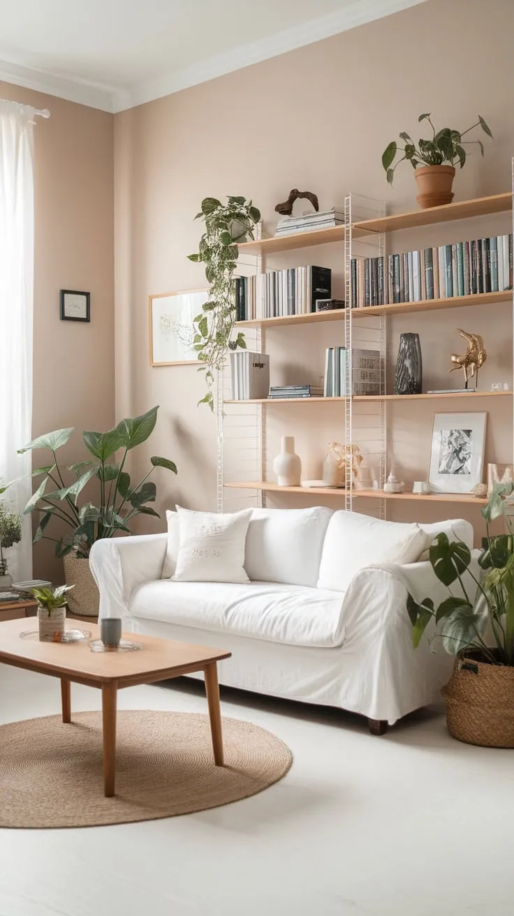 Soft beige walls and natural wood accents define this minimalist Scandinavian living room, showcasing clean lines and a calming atmosphere