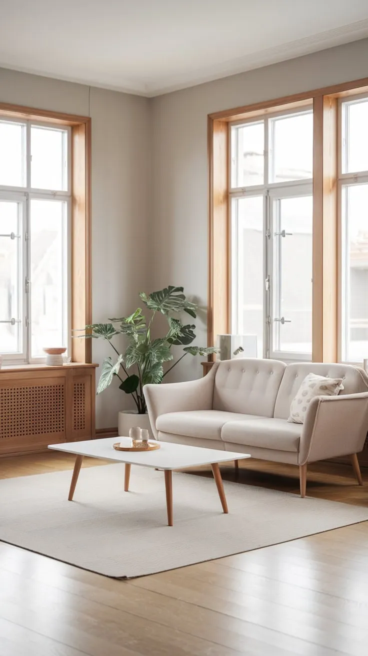 A light grey and beige Scandinavian living room bathed in natural light showcases simple elegance with a wooden floor and minimal furnishings.