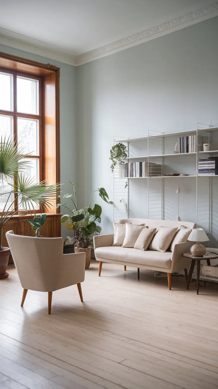 A calming Scandinavian living room features a beige sofa, light wood accents, and pops of greenery against a light blue backdrop.
