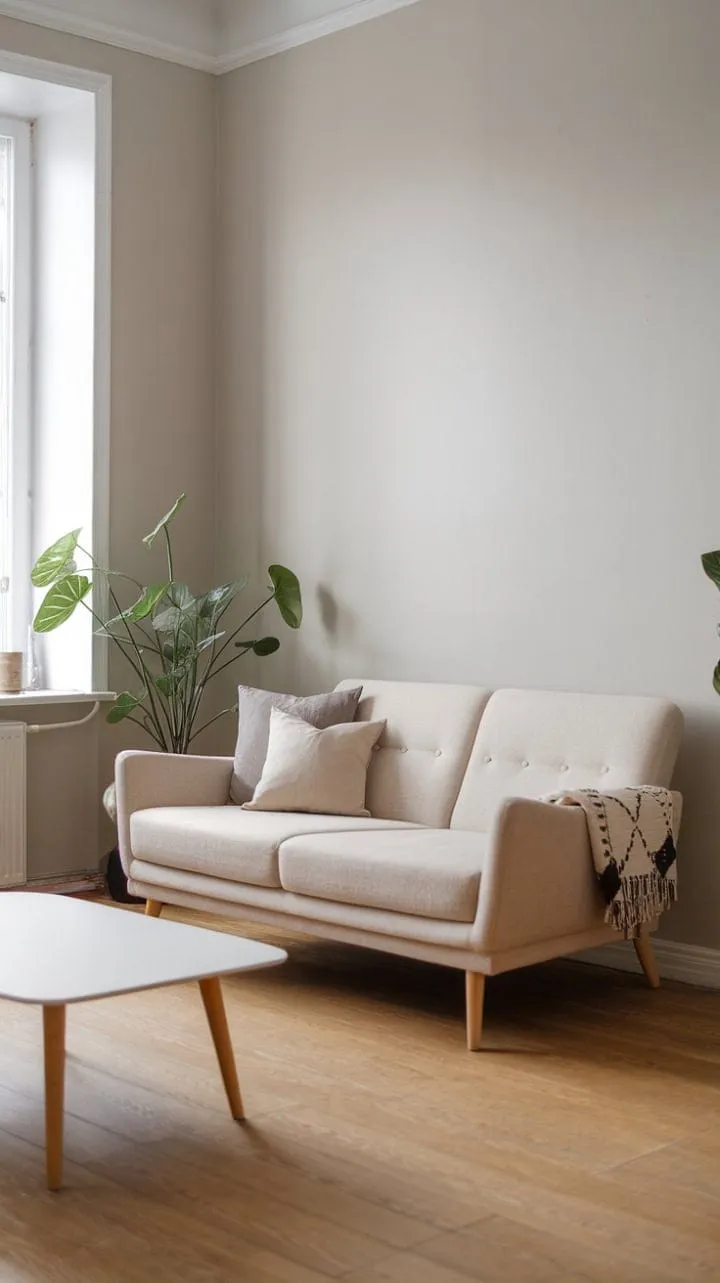 Bathed in natural light, this serene Scandinavian living room harmoniously combines minimalist design with the warmth of wood, creating a tranquil oasis of comfort and elegance.