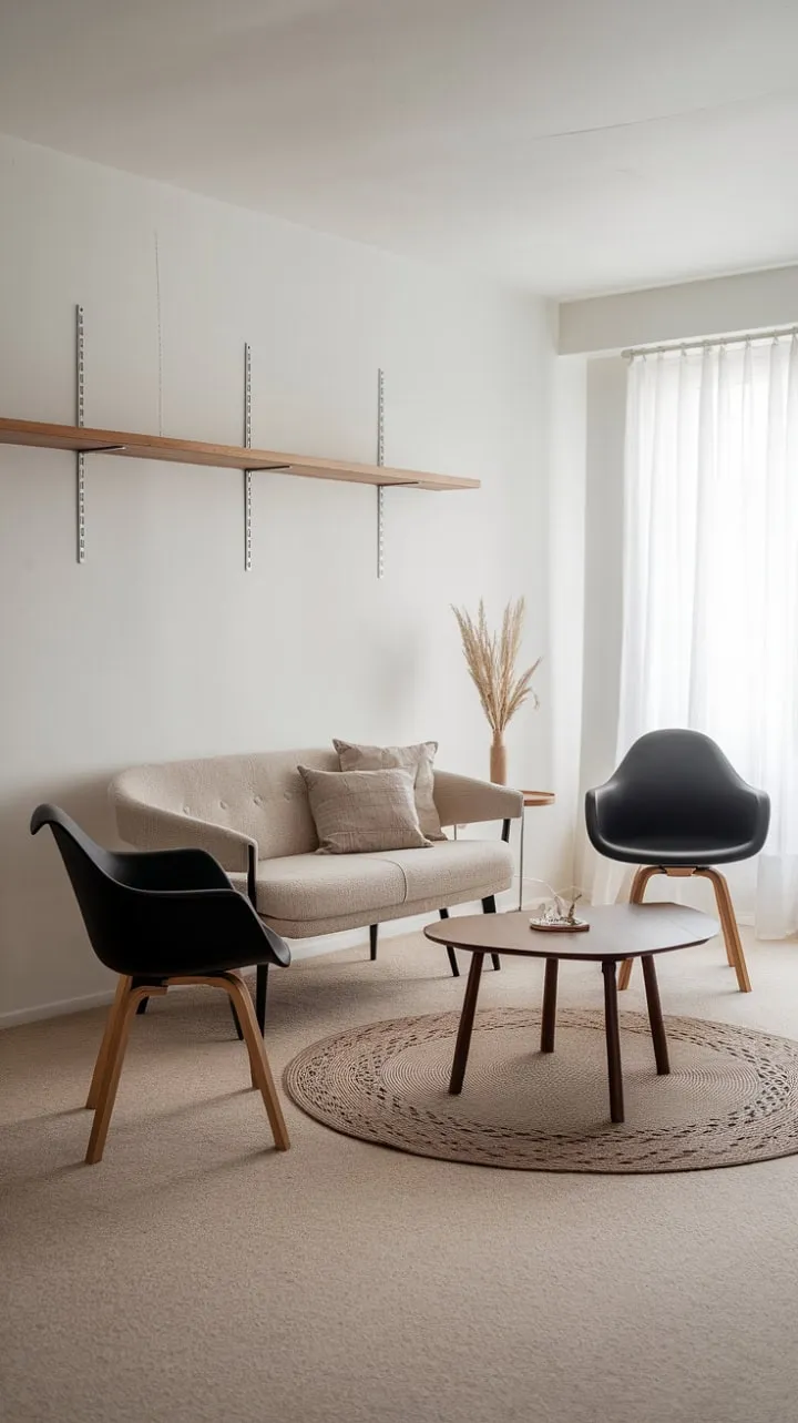 This serene Scandinavian living room harmoniously blends neutral tones and warm wood accents, creating an inviting oasis of understated elegance and tranquility.