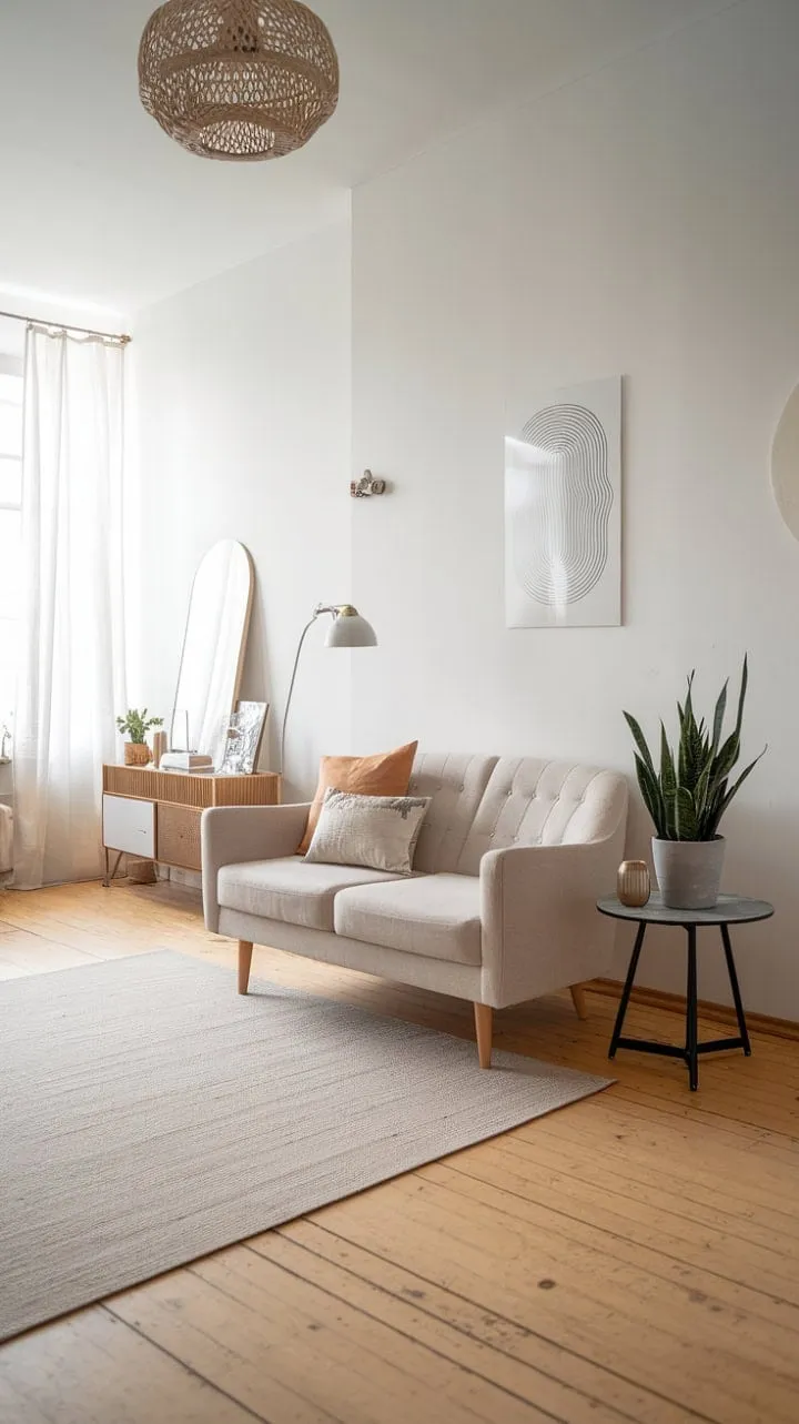 Bathed in sunlight, this minimalist Scandinavian living room exudes calm and elegance, seamlessly blending clean lines, natural wood, and thoughtful decor to embody the essence of hygge.