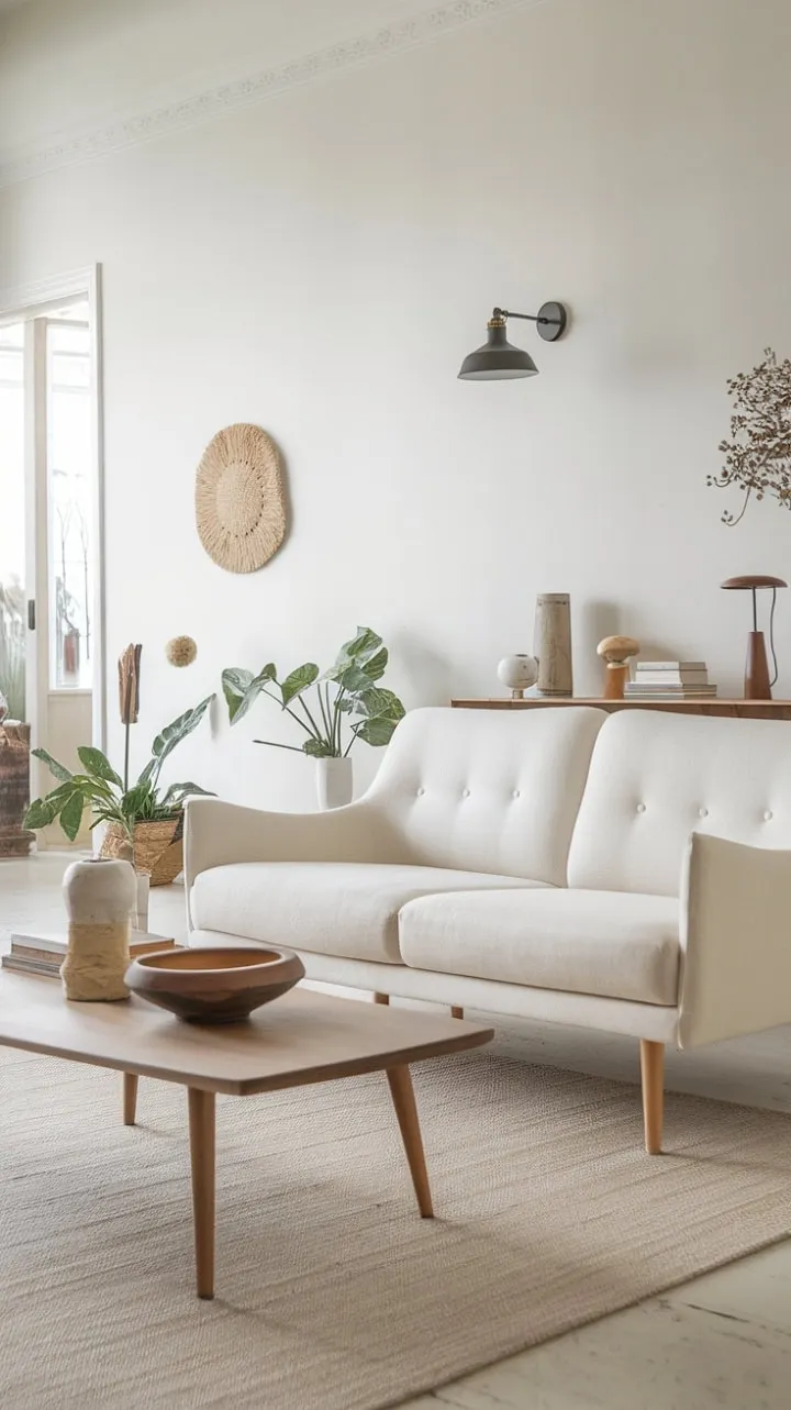 This Scandinavian-inspired living room exudes effortless chic with its tranquil ambiance, subtle textures, and a harmonious muted palette that highlights understated elegance.