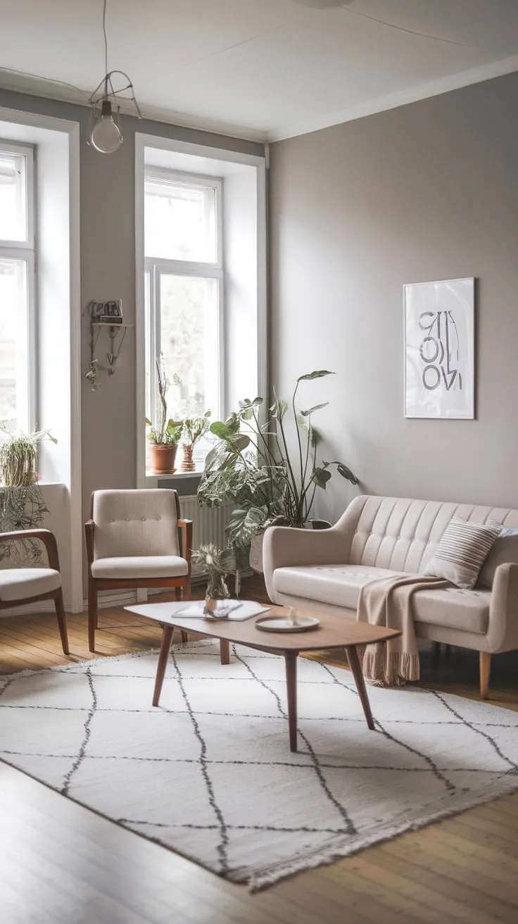 A serene Scandinavian living room showcases simple elegance with a beige sofa, wooden accents, and pops of greenery against a neutral backdrop.