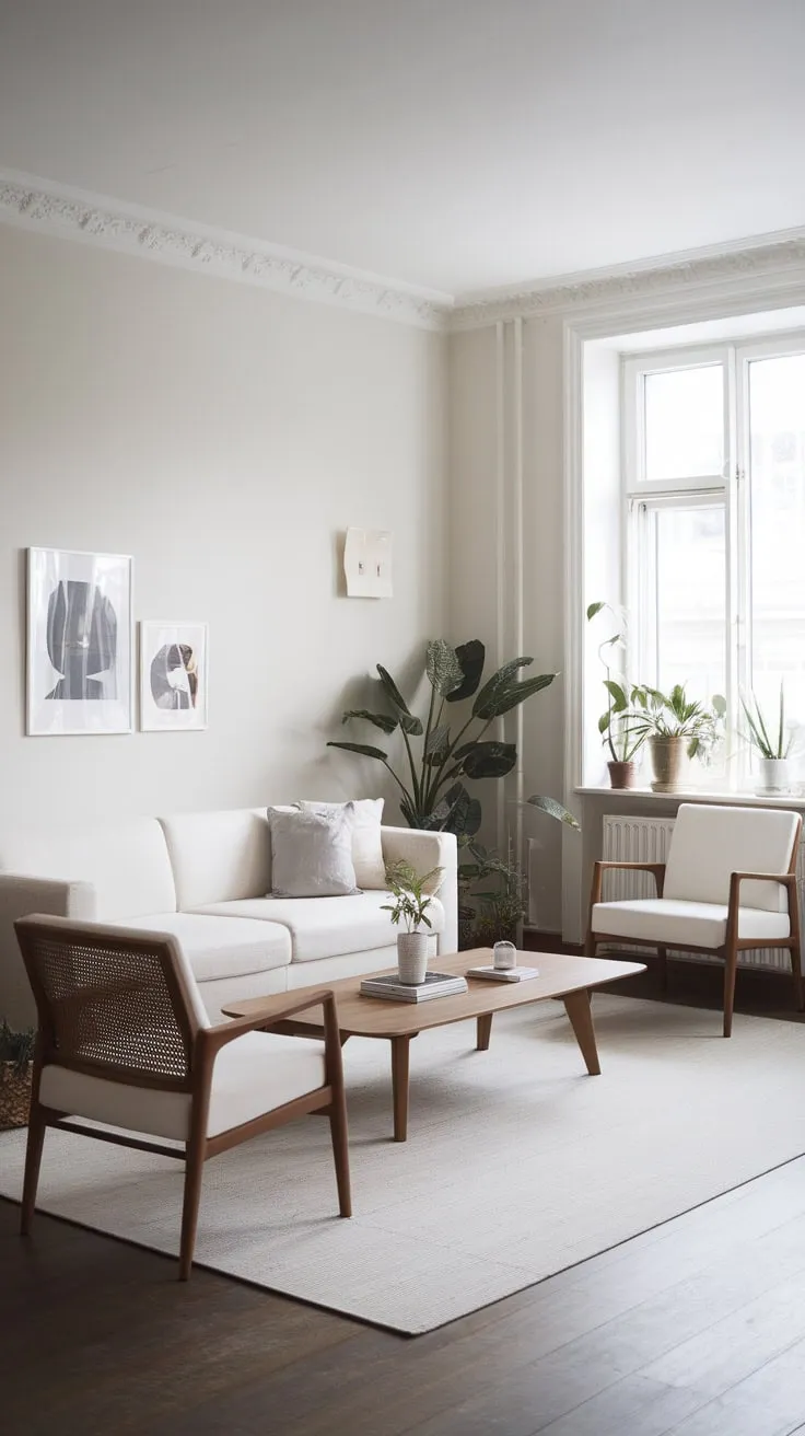 A white sofa, wooden coffee table, and pops of greenery create a serene Scandinavian living space with dark wood floors.