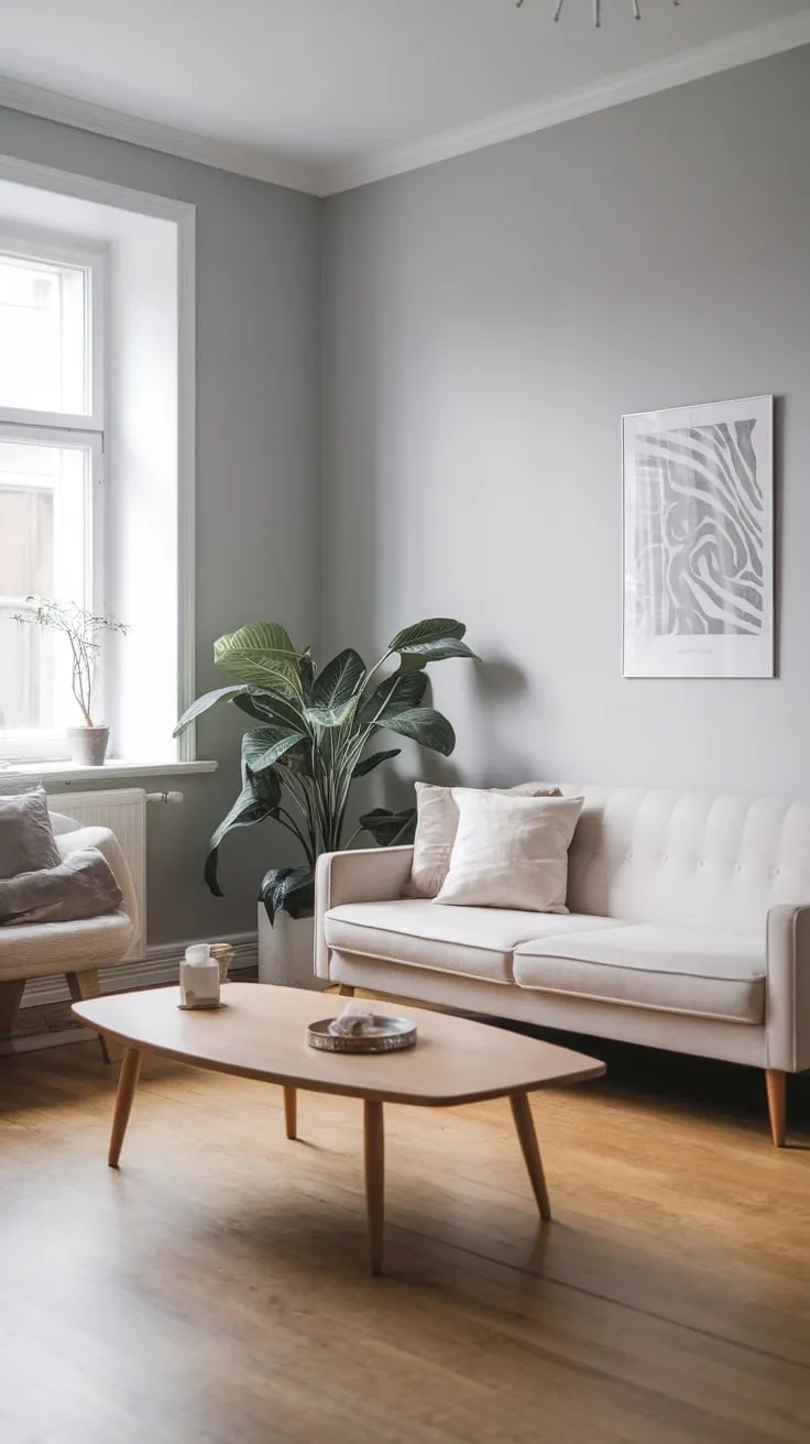 Clean lines and natural materials define this calming Scandinavian living room, a haven of modern minimalist design.