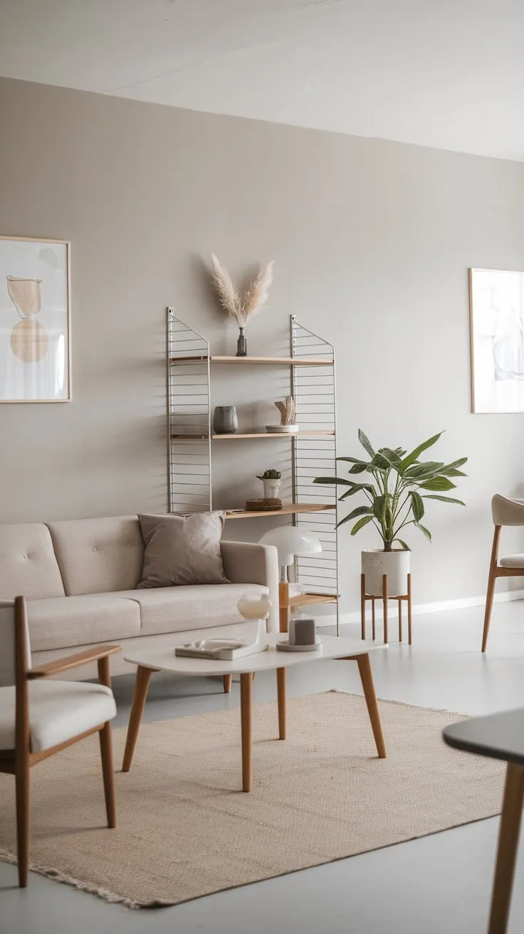 Light grey walls and a beige rug complement the clean lines and natural elements of this relaxing Scandinavian living space.