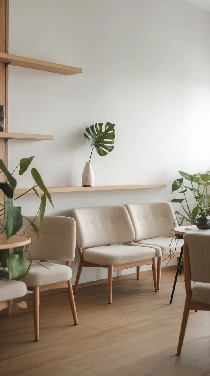 A serene Scandinavian living room showcases natural wood, muted tones, and pops of green against a backdrop of white walls.
