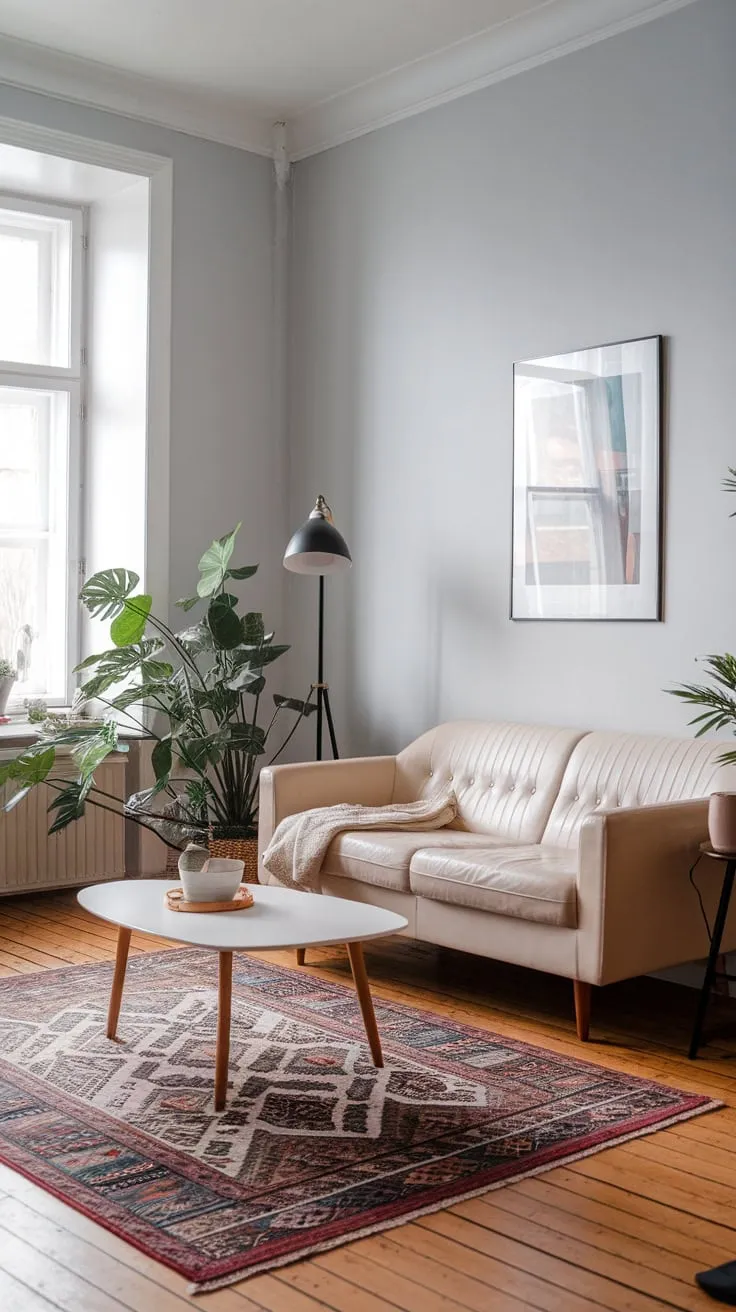 A minimalist Scandinavian living room features a beige sofa, white coffee table, and black lamp, highlighting natural light and simple elegance.