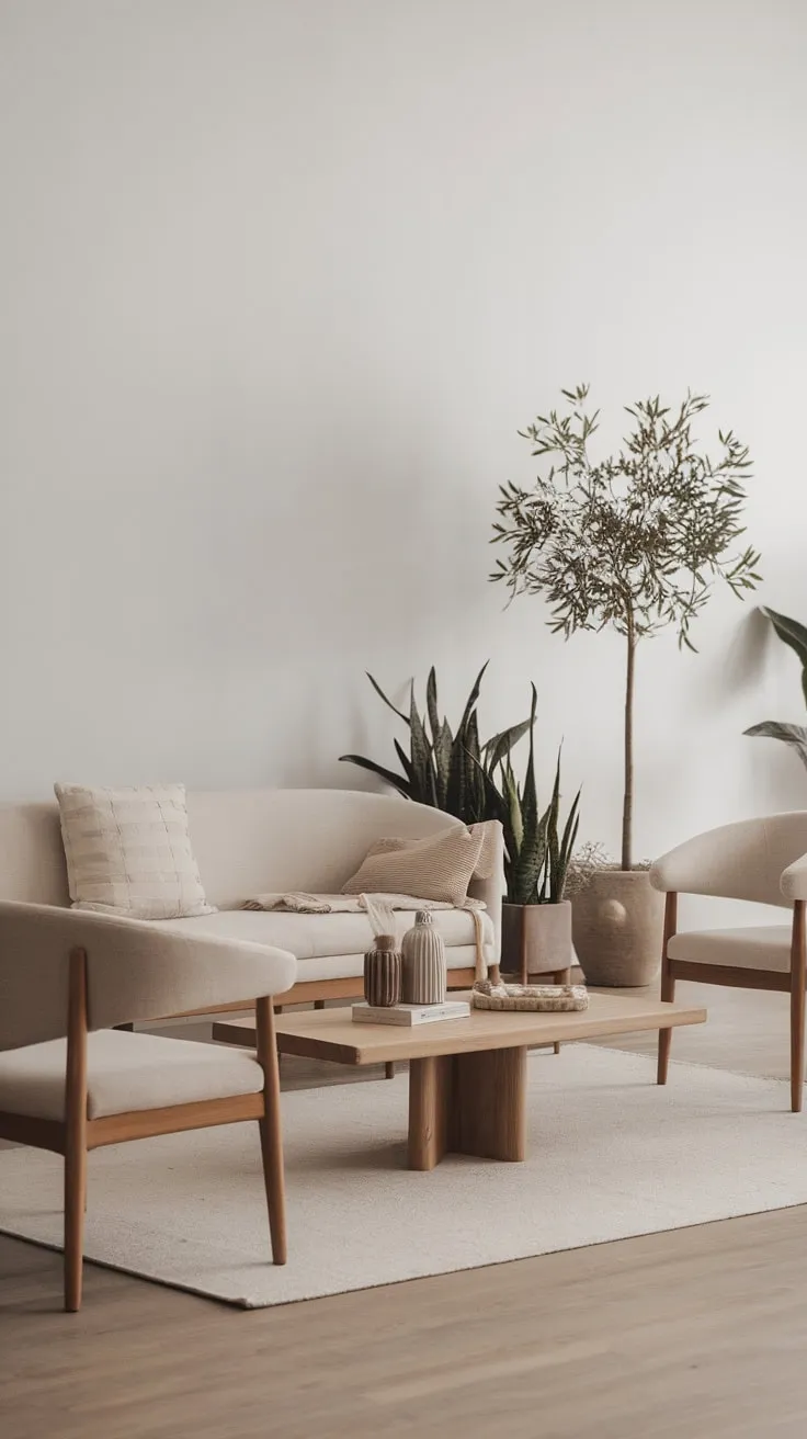 Clean lines and a beige palette create a calming atmosphere in this modern Scandinavian living space, enhanced by natural materials and potted plants.