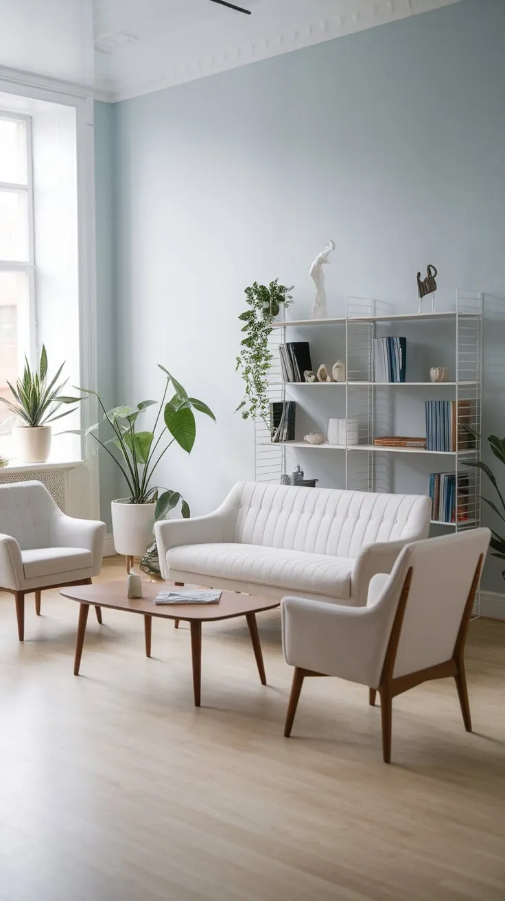 Light blue walls and pale wood floors highlight a minimalist Scandinavian living room featuring a white mid-century modern sofa and carefully curated plants.