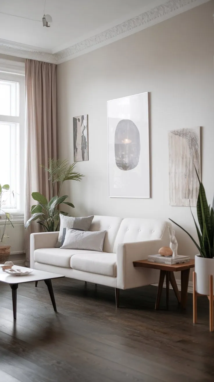 Soft light illuminates a minimalist Scandinavian living room featuring a white sofa, dark wood accents, and calming greenery.