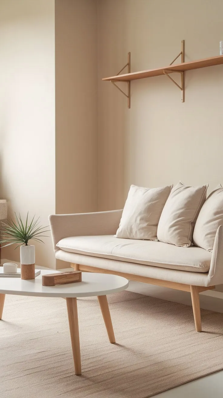 Soft beige walls and a beige rug complement a wooden coffee table and sofa in a serene Scandinavian living space.