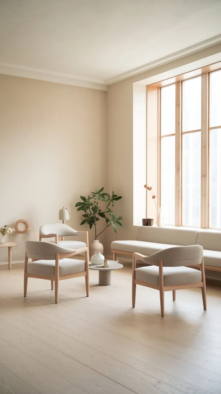 Sunlight streams into a minimalist Scandinavian living room, highlighting light wood furniture and a serene, natural aesthetic
