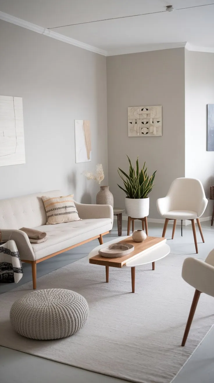 A serene Scandinavian living room features a neutral palette, natural wood accents, and simple lines for a calming and stylish atmosphere.