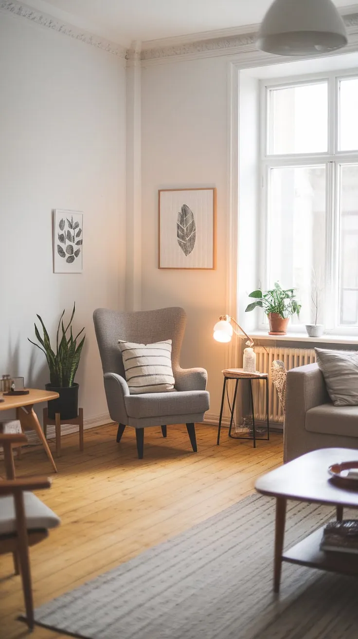 Sunlight streams through the large window, illuminating the cozy reading nook in this Scandinavian-inspired living room. The minimalist aesthetic, punctuated by the warmth of natural wood and soft textures, creates a haven of calm and comfort. A perfect space for unwinding with a good book.
