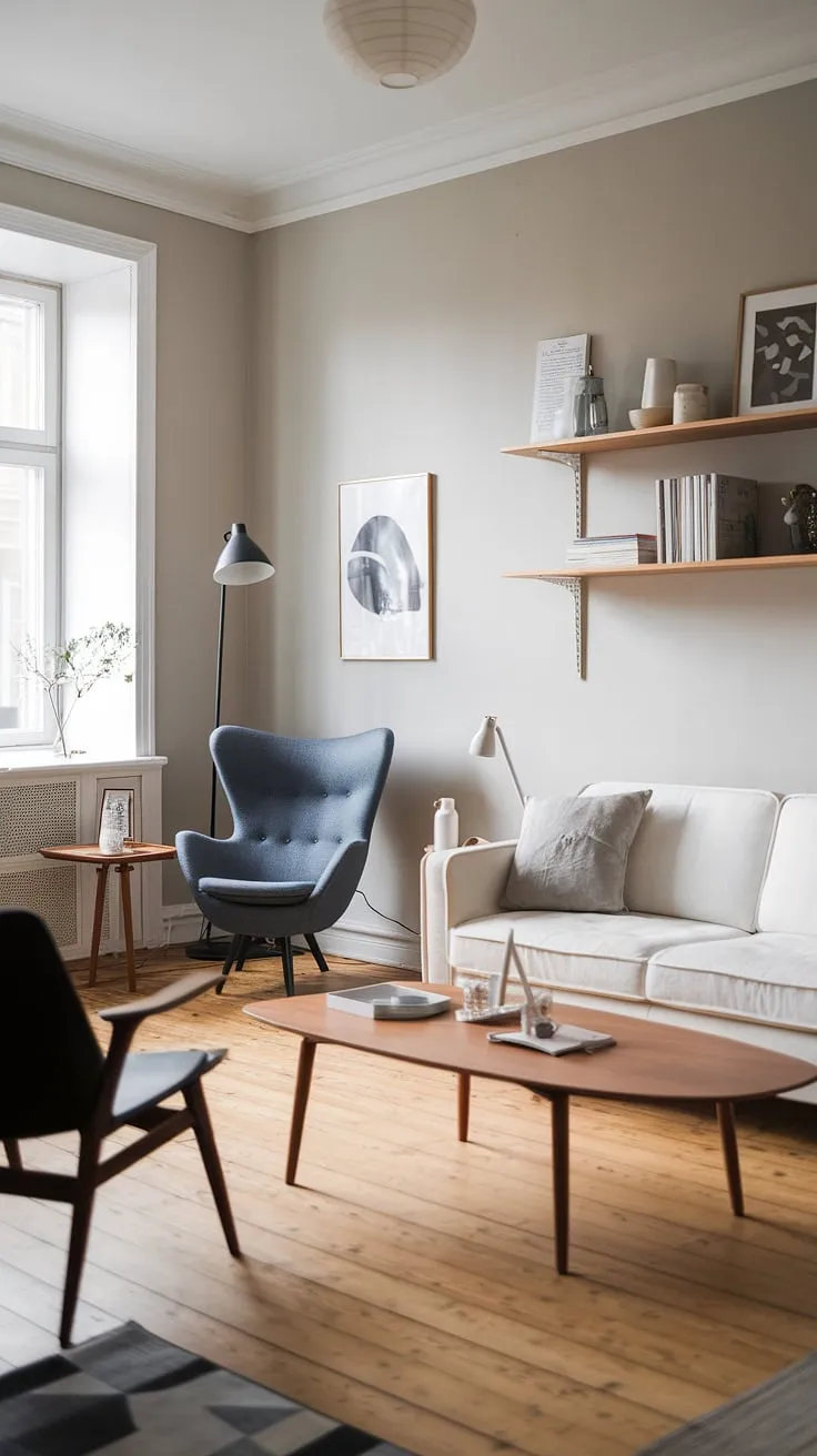 This Nordic-inspired living room is a masterclass in understated elegance. The pale grey walls, light wood floors, and carefully chosen furniture-a white sofa, black accent chair, and cozy reading corner-create a serene and inviting atmosphere. A perfect blend of functionality and aesthetic appeal.