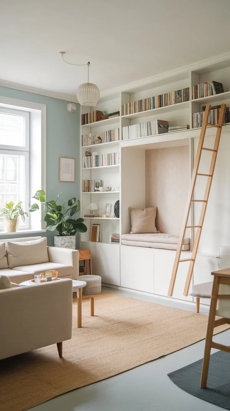 Escape to this serene Scandinavian living room. A thoughtfully curated space, featuring a comfortable beige sofa, a white bookshelf, and a delightful reading corner nestled high above. The soft blue walls and natural light create a truly inviting ambiance.