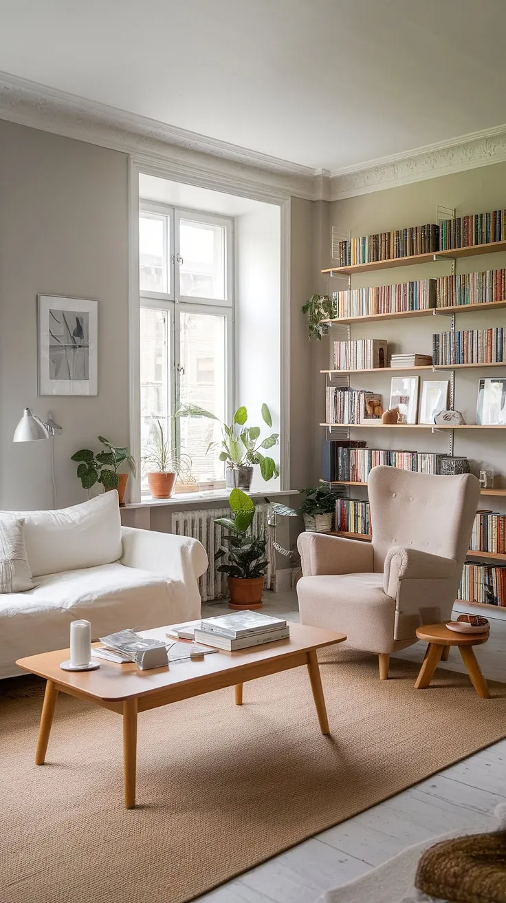 Sunlight dances across the pale wood and creamy textiles of this Scandinavian living room, transforming it into a haven of calm. A comfortable reading nook beckons, promising hours of peaceful escape and a quiet enjoyment.
