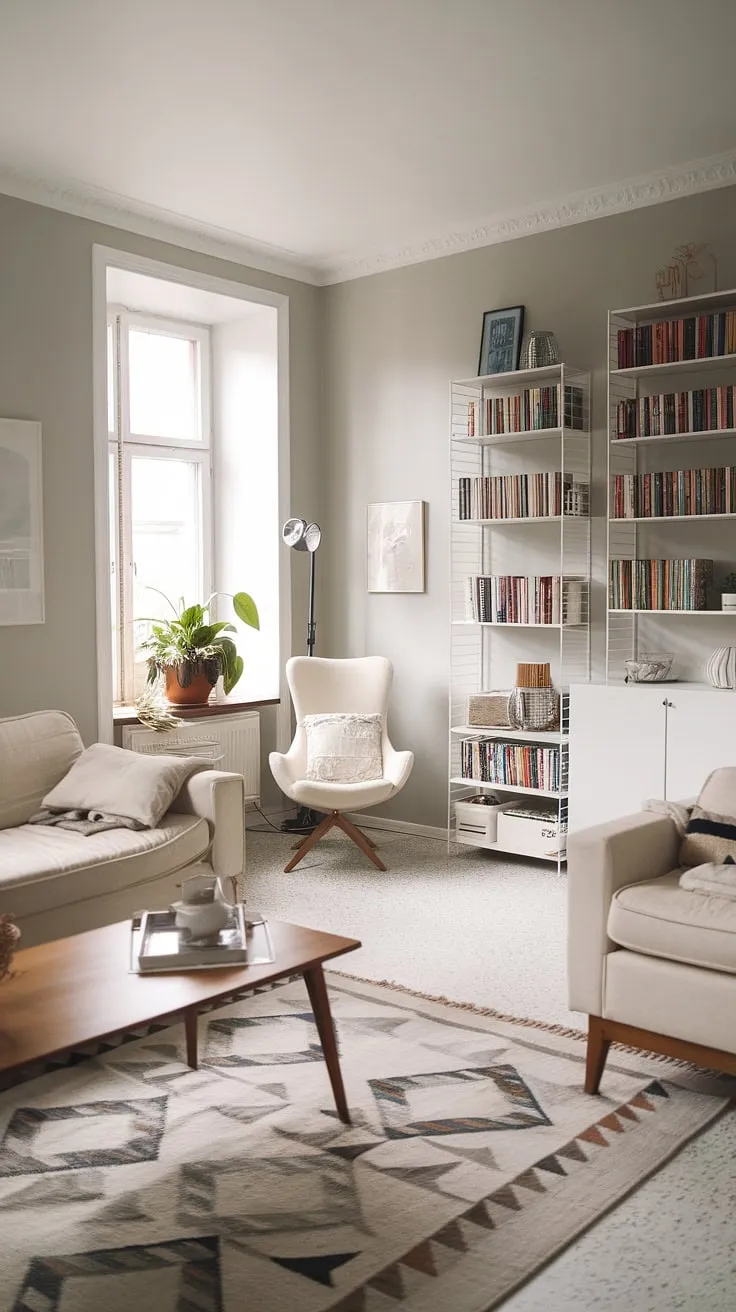 Escape the everyday in this serene Scandinavian living room. The soft gray walls, cozy reading nook with its floor lamp, and geometric rug create a haven of calm and understated elegance. A perfect spot to unwind with a good book.