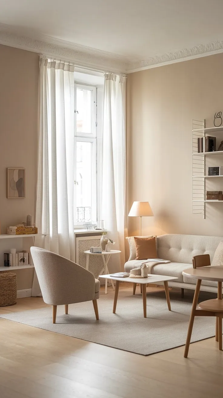 Sunlight streams through the window, illuminating the cozy reading nook in this Scandinavian-inspired living room. The soft beige walls and light wood floors create a calming atmosphere, perfect for curling up with a good book and a warm drink. A simple yet elegant space, designed for comfort and relaxation.