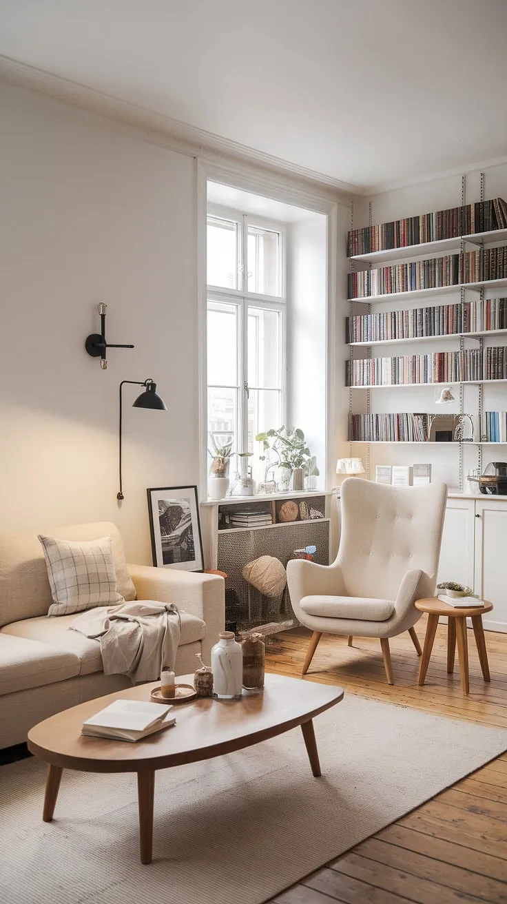Escape to this tranquil Scandinavian sanctuary. The soft light, comfortable seating, and curated collection of books in the reading corner invite quiet contemplation and peaceful relaxation. The neutral palette and natural wood elements create a space that feels both stylish and incredibly inviting.